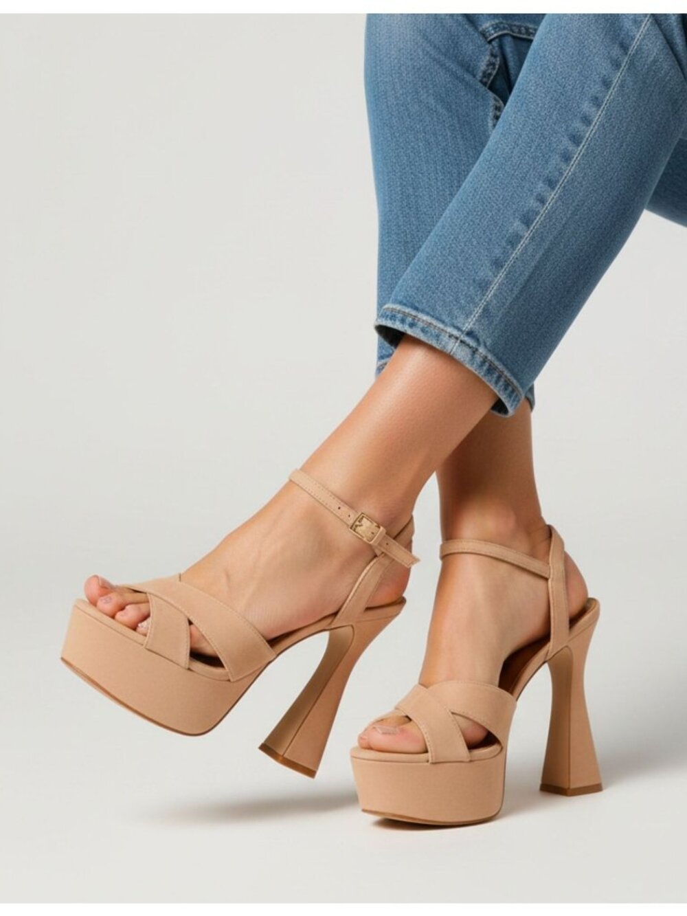 High Heel Nude Platform Sandals With Ankle Strap Open Toe And Cross Band Design